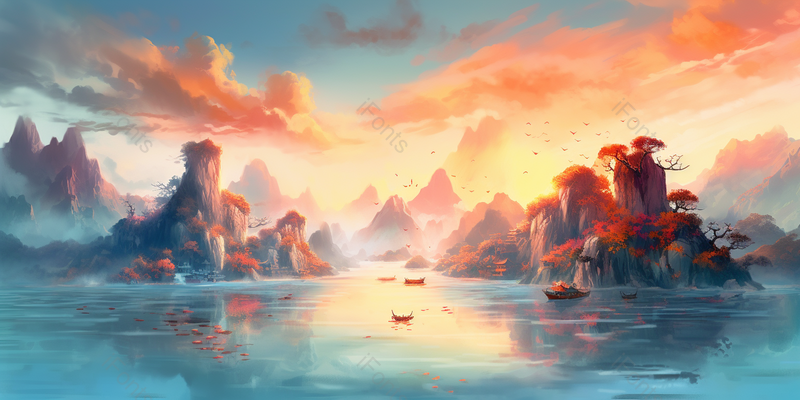 蓝色新中式国潮夕阳风景手绘,插画/手绘图,插画/手绘图库,插画/手绘图下载,插画/手绘